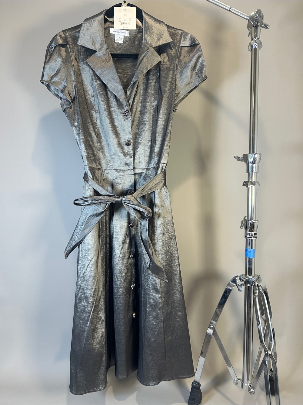 (10+) Liz Claiborne Metallic Silver Shirt Midi Dress w/Waist Tie Worn but w/Tags